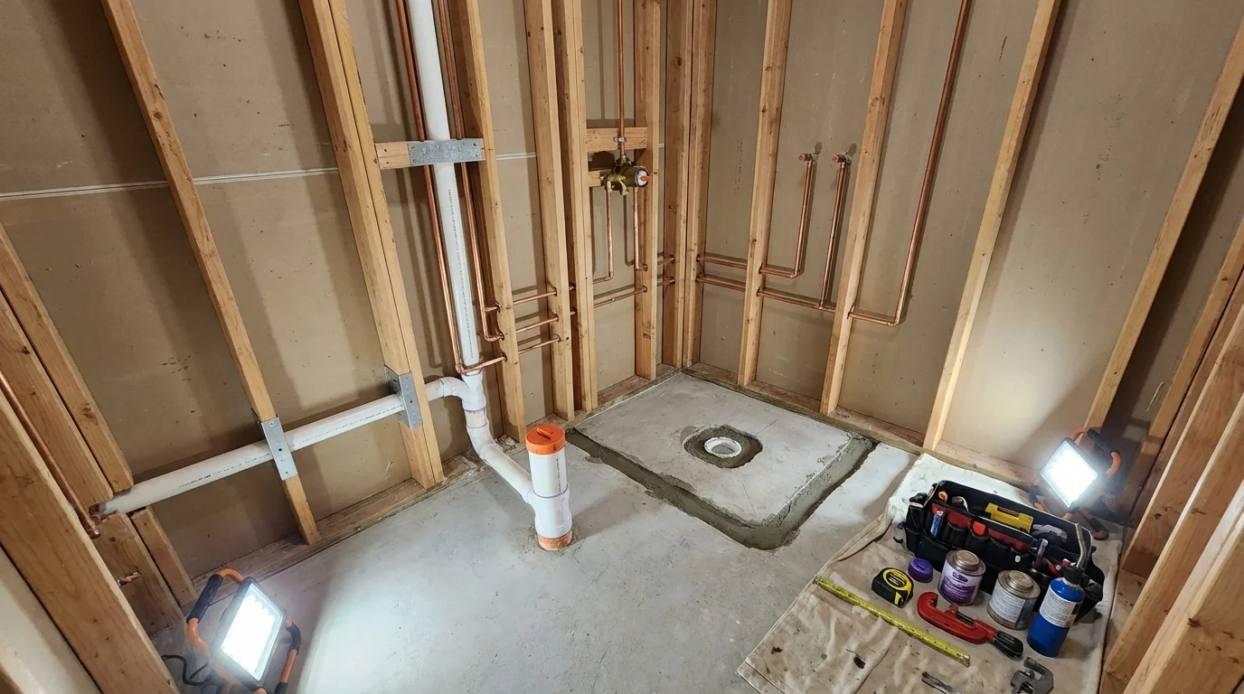 Bathroom rough-in plumbing during remodel by Johns Plumbing LLC in Canton