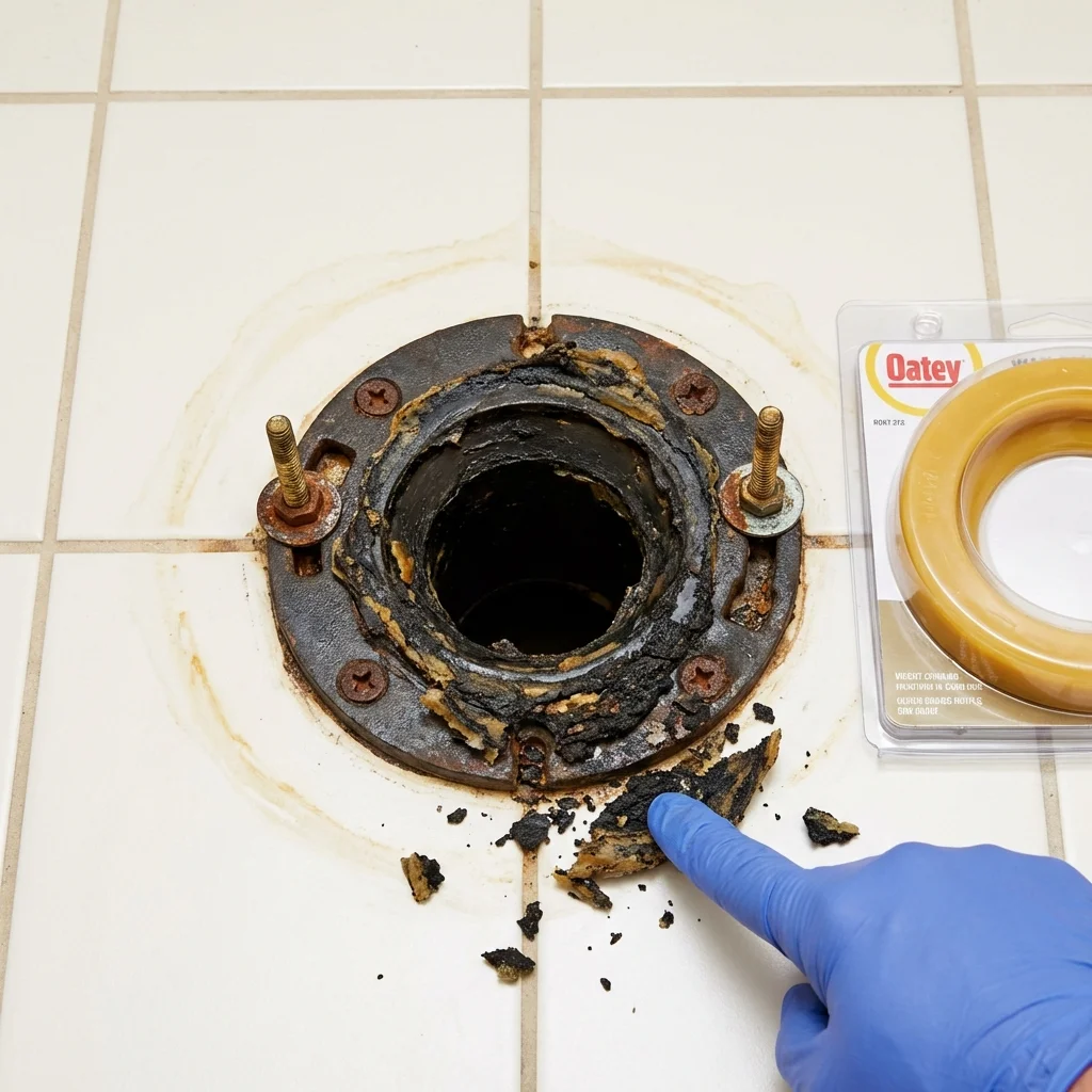 Failed wax ring showing water seepage at the base of a toilet in a Canton, SD home