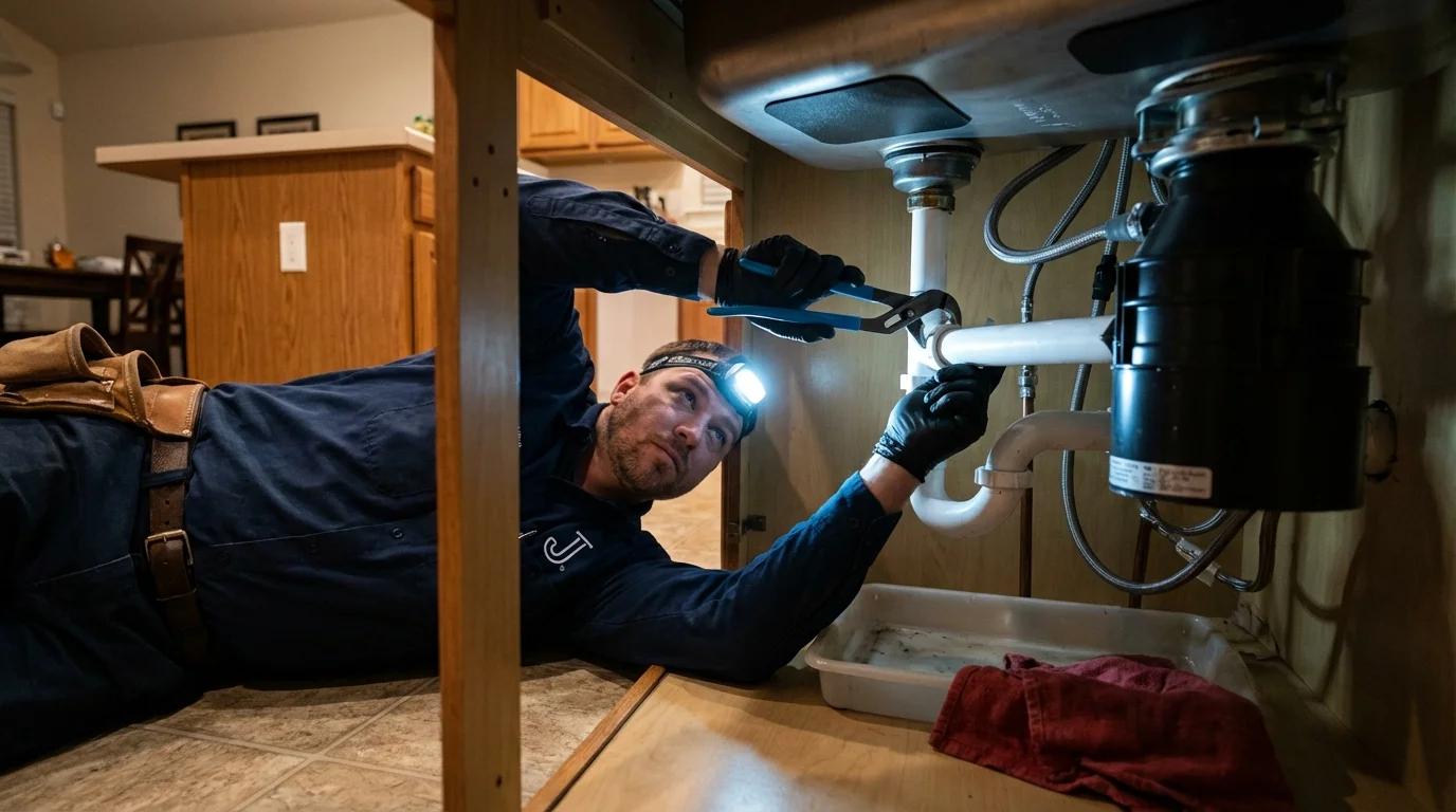 P-trap and supply line connections under a kitchen sink showing a common leak point in Canton, SD